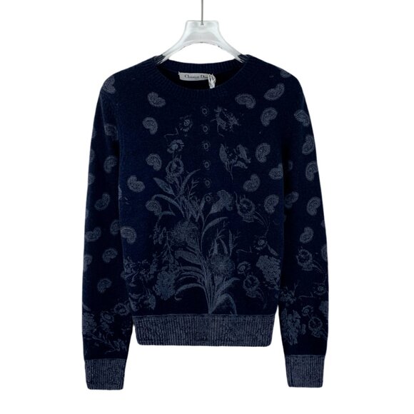 DW0471 Christian Dior Blue Flower Inlay Cashmere Round Neck Long Sleeve Sweater - Picture 1 of 8